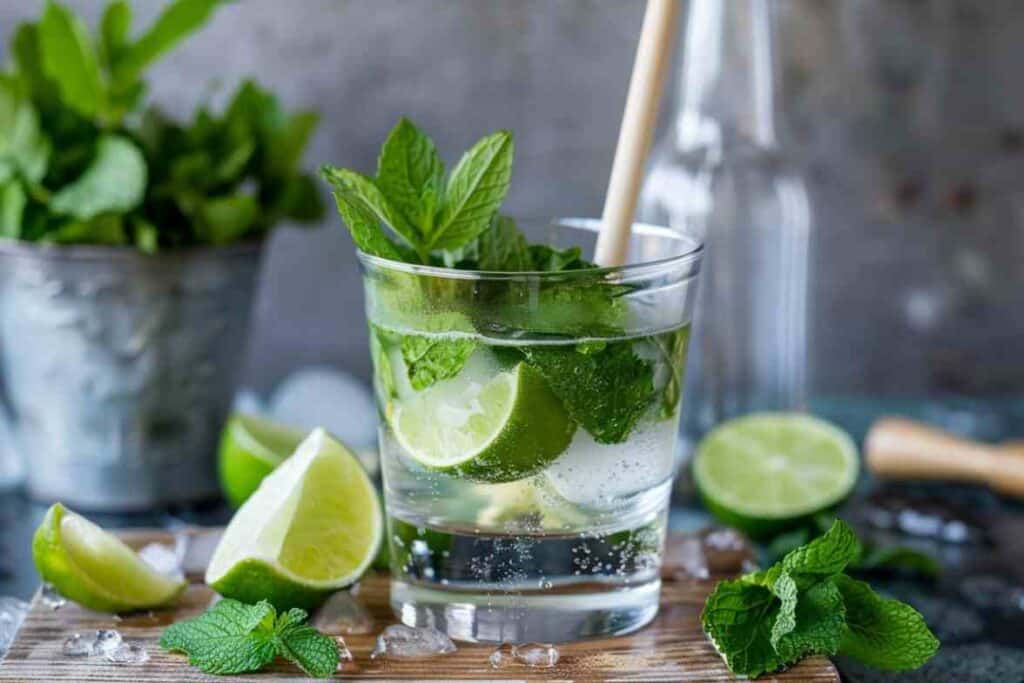 A refreshing mojito mocktail in a glass with fresh mint, lime wedges, ice, and sparkling water, served with a bamboo straw on a wooden surface.