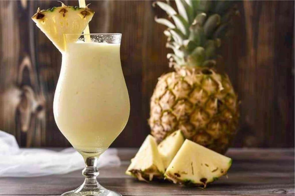 Creamy piña colada smoothie served in a tall glass with a pineapple garnish.