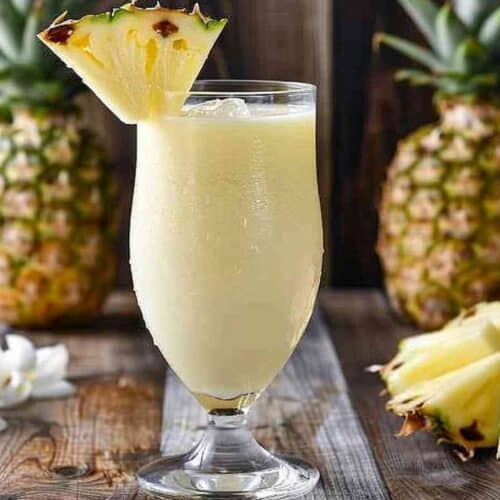 Refreshing piña colada with pineapple garnish on a rustic wooden table.