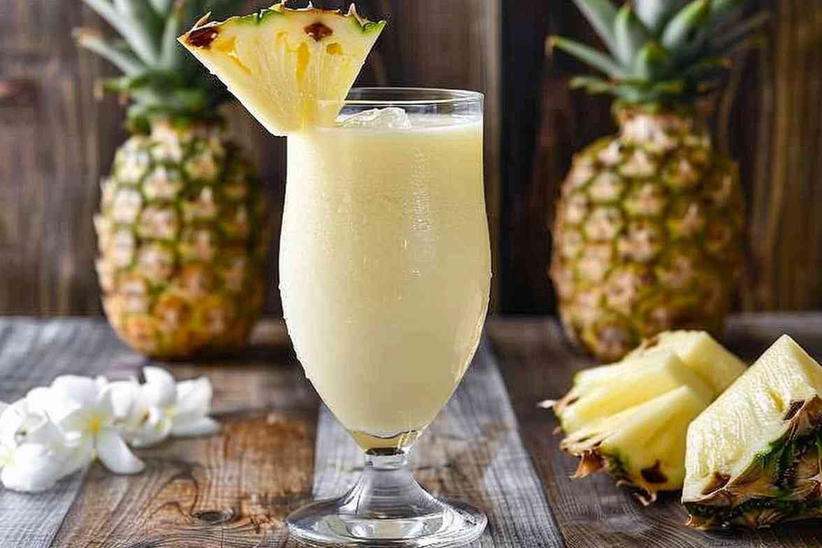 Refreshing piña colada with pineapple garnish on a rustic wooden table.