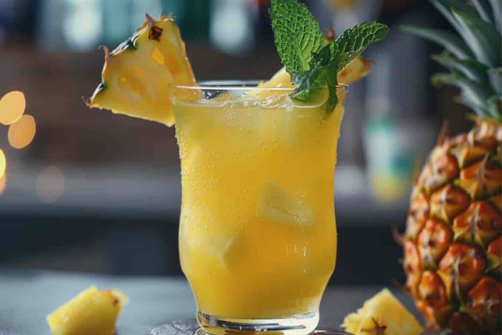 A refreshing pineapple mocktail served in a chilled glass, garnished with a fresh pineapple slice and mint, with a whole pineapple in the background.