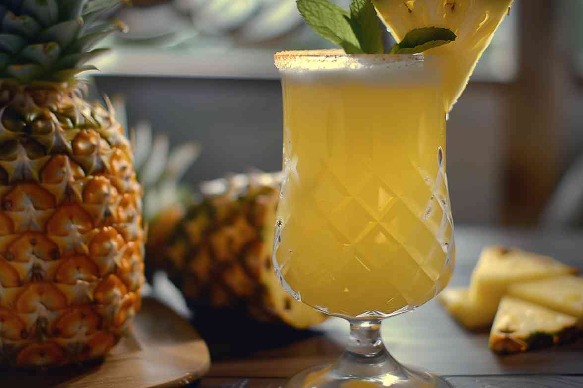 Refreshing pineapple mocktail served in a crystal glass, garnished with a pineapple slice and mint, with fresh pineapples in the background.