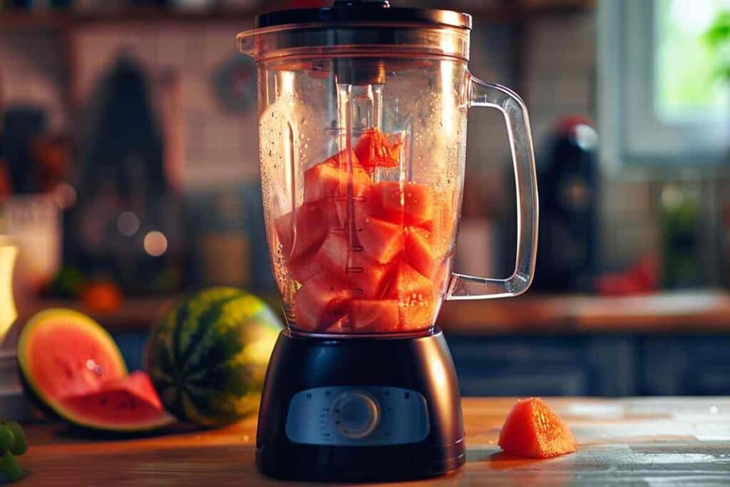 Fresh watermelon chunks in a blender, ready to be blended into a refreshing juice or smoothie, with whole and sliced watermelon in the background.