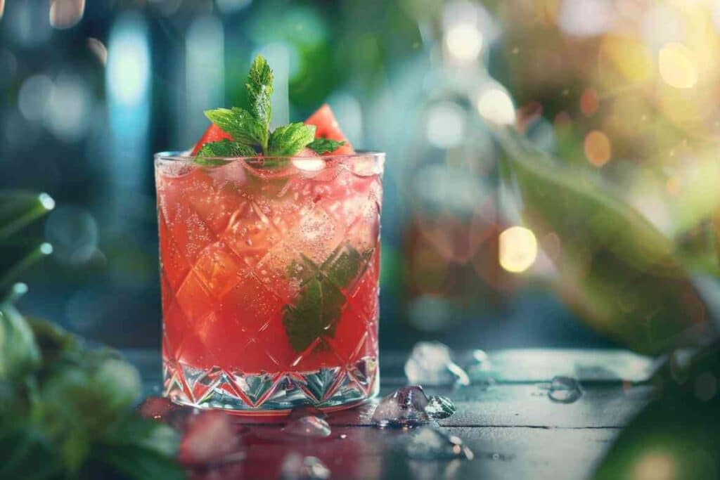 A refreshing watermelon mocktail served in a crystal glass with ice, fresh mint, and watermelon slices, set against a tropical background.