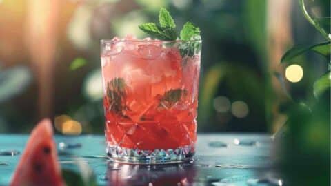 A refreshing watermelon mocktail served in a crystal glass with ice, fresh mint, and a tropical background.