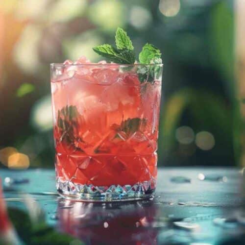 A refreshing watermelon mocktail served in a crystal glass with ice, fresh mint, and a tropical background.