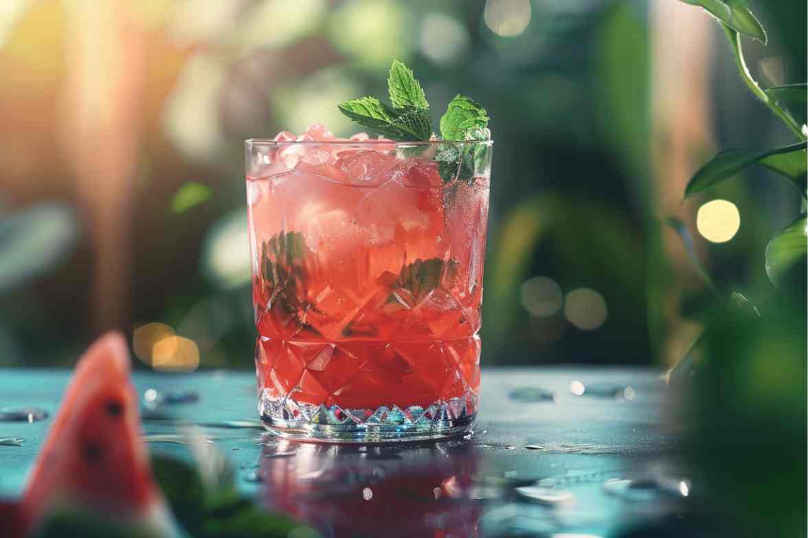 A refreshing watermelon mocktail served in a crystal glass with ice, fresh mint, and a tropical background.