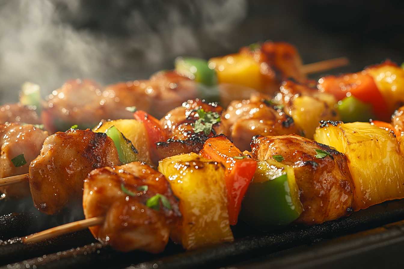 BBQ Pineapple Chicken Kabobs sizzling on the grill