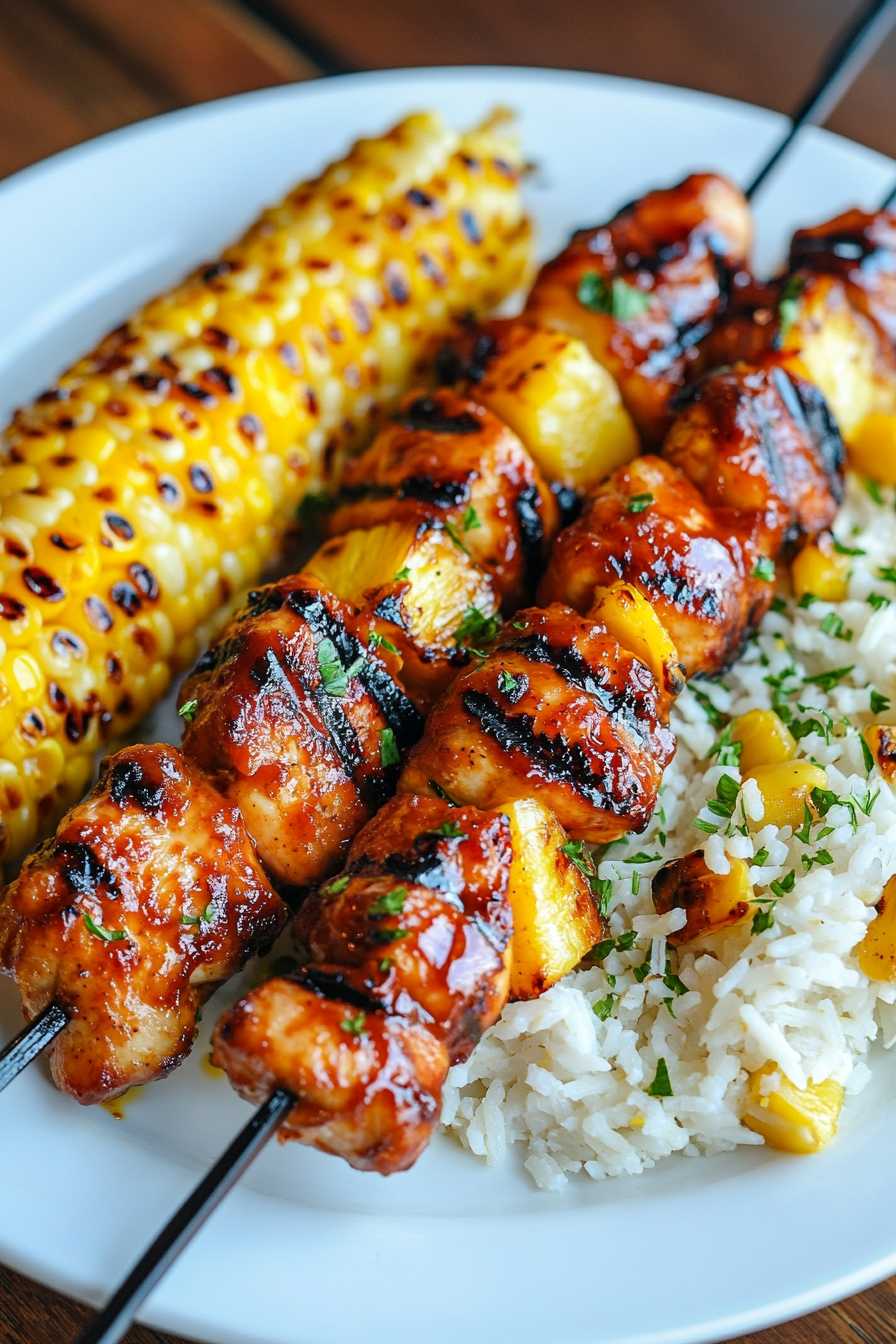 BBQ Pineapple Chicken Kabobs served with coconut rice and corn