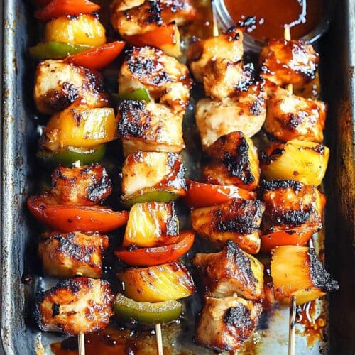 BBQ Pineapple Chicken Kabobs with caramelized pineapple, bell peppers, and marinated chicken on skewers, served with BBQ sauce.