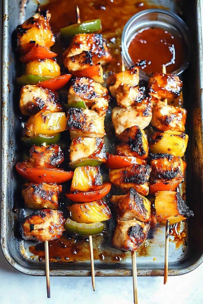 BBQ Pineapple Chicken Kabobs with caramelized pineapple, bell peppers, and marinated chicken on skewers, served with BBQ sauce.