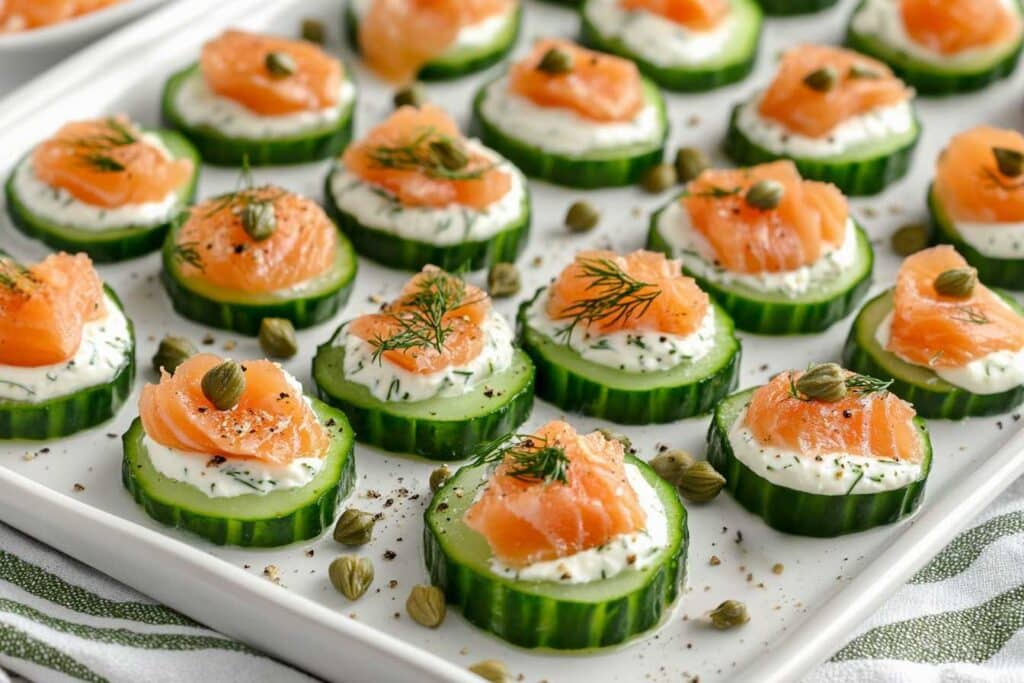 Fresh Smoked Salmon Cucumber Bites garnished with dill and capers.