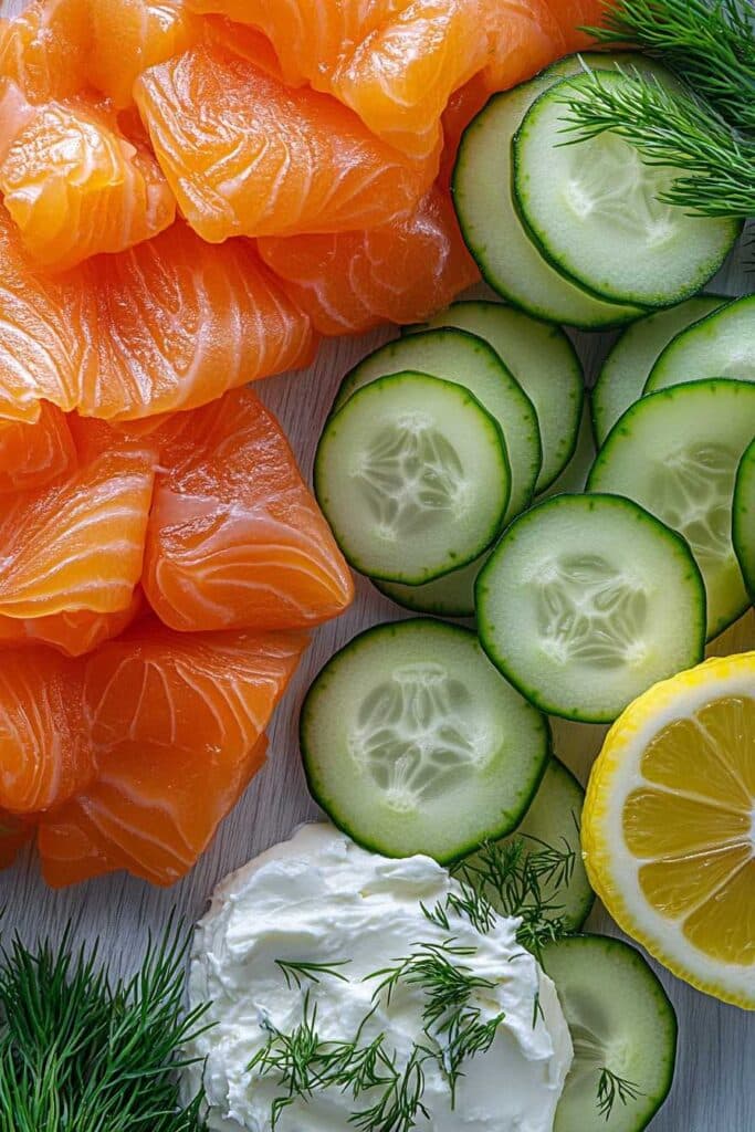 Ingredients for Smoked Salmon Cucumber Bites—smoked salmon, cucumber, and dill.