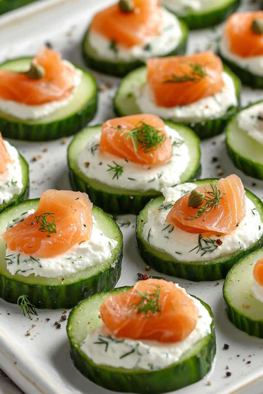 Smoked Salmon Cucumber Bites topped with cream cheese, fresh dill, and capers.