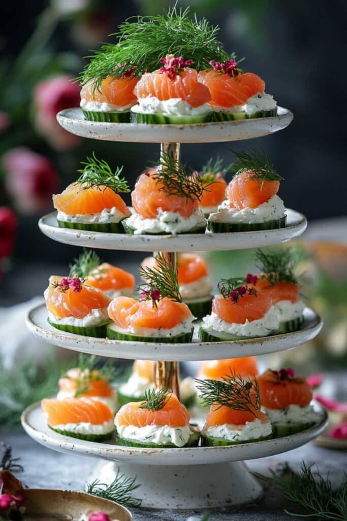 Smoked Salmon Cucumber Bites served elegantly on a tray.