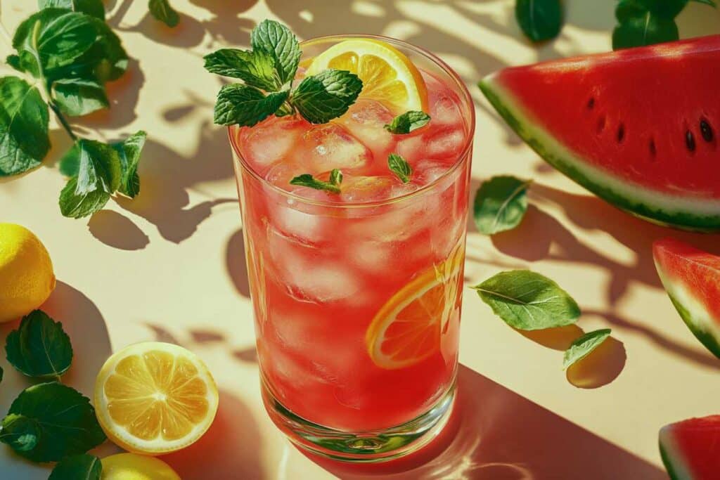 Freshly made Watermelon Lemonade with ice, lemon slices, and mint.