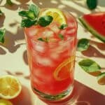 Freshly made Watermelon Lemonade with ice, lemon slices, and mint.