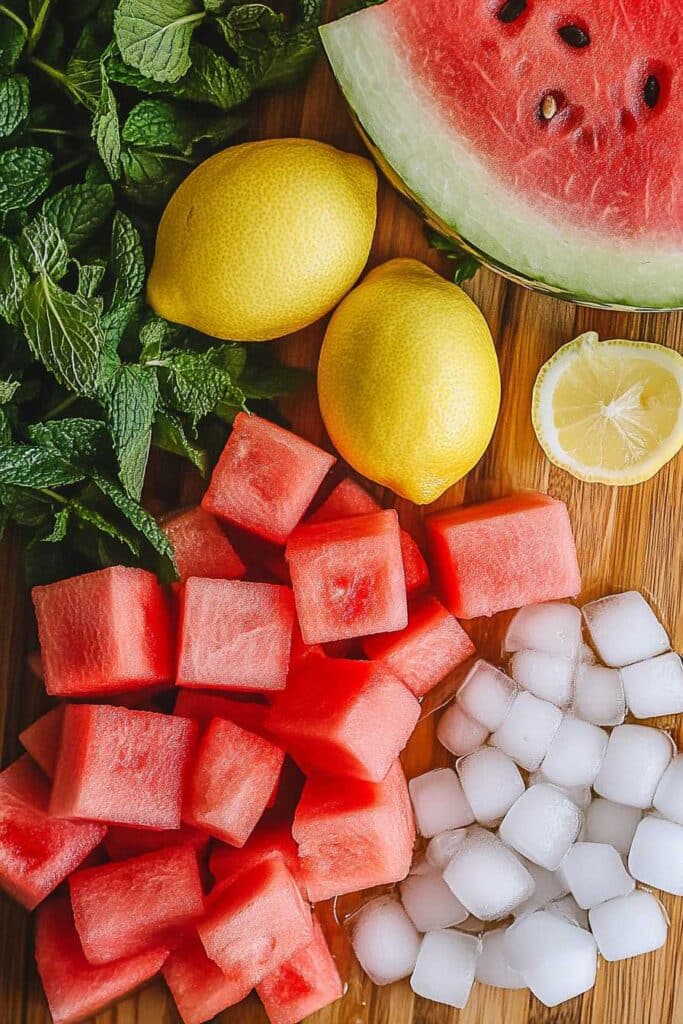 Fresh ingredients for Watermelon Lemonade—watermelon, lemon juice, and mint.