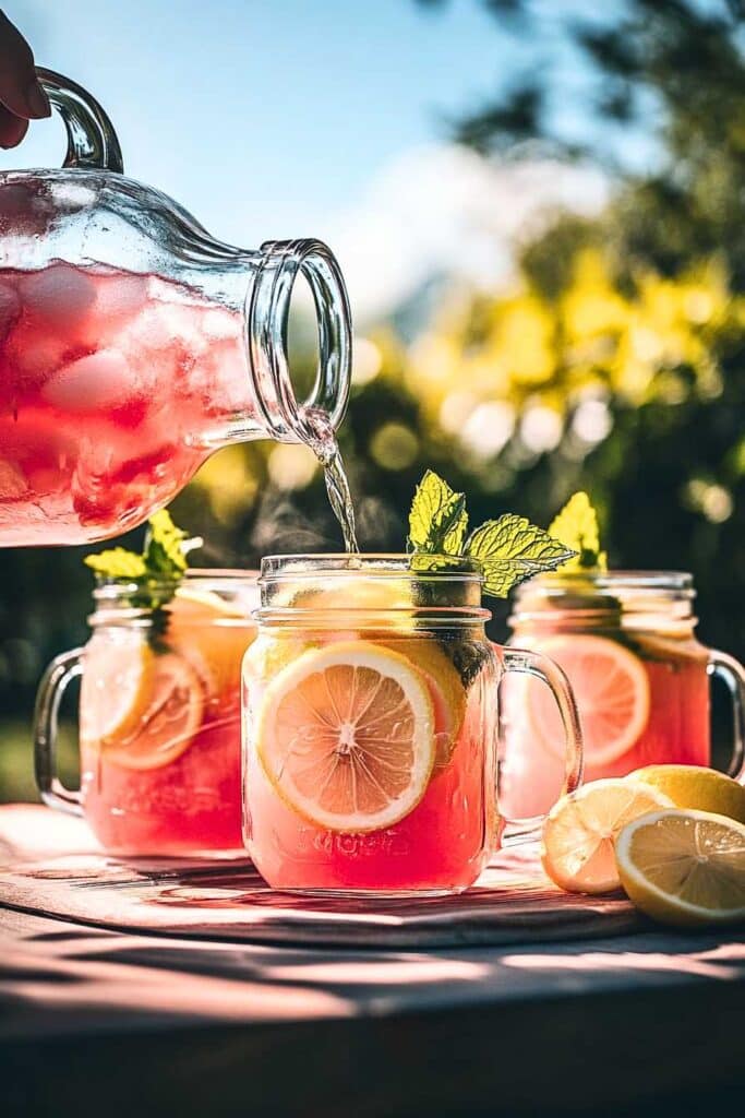 Watermelon Lemonade served in mason jars with lemon and mint.