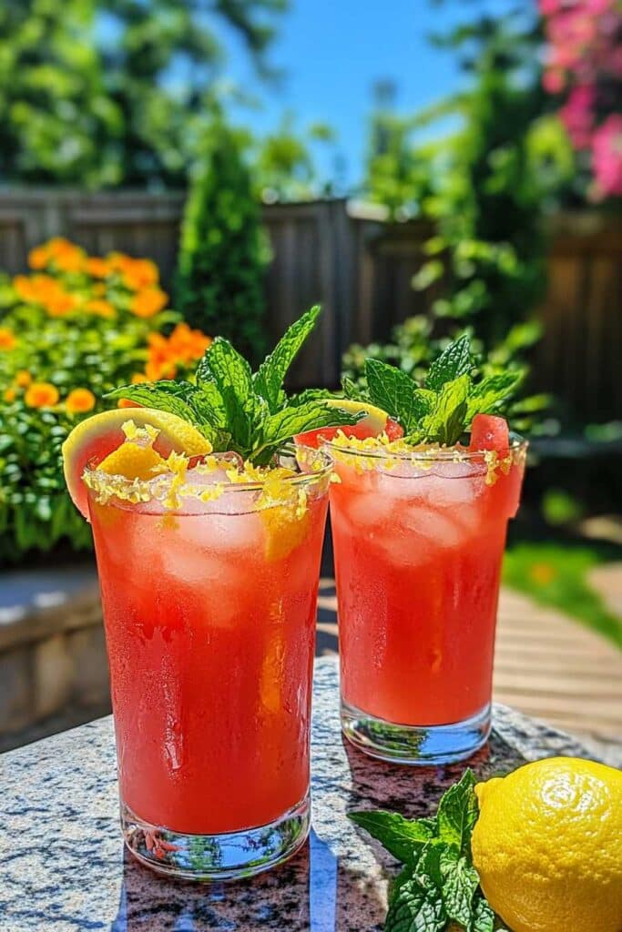Frozen Watermelon Lemonade Slushie with mint and lemon zest.